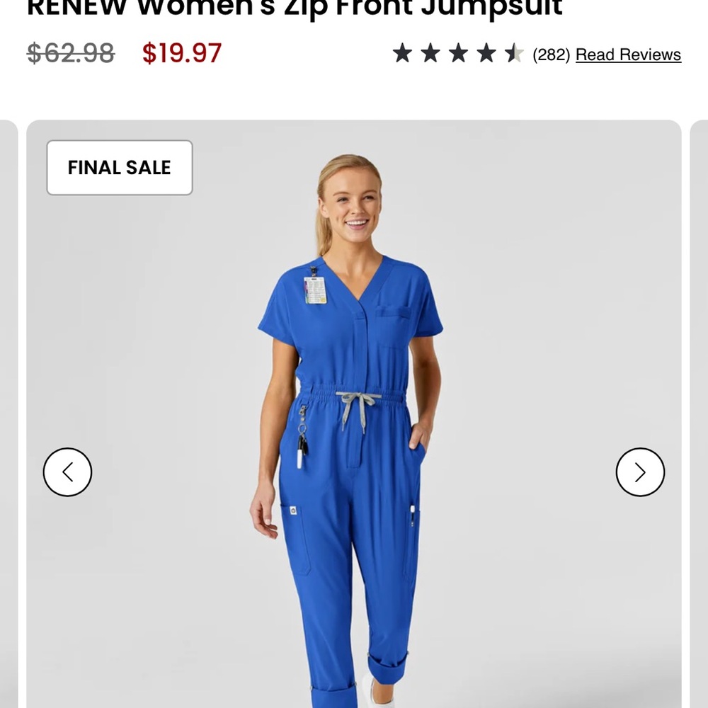 WonderWink Blue Zip Front Jumpsuit with Drawstring Waist
